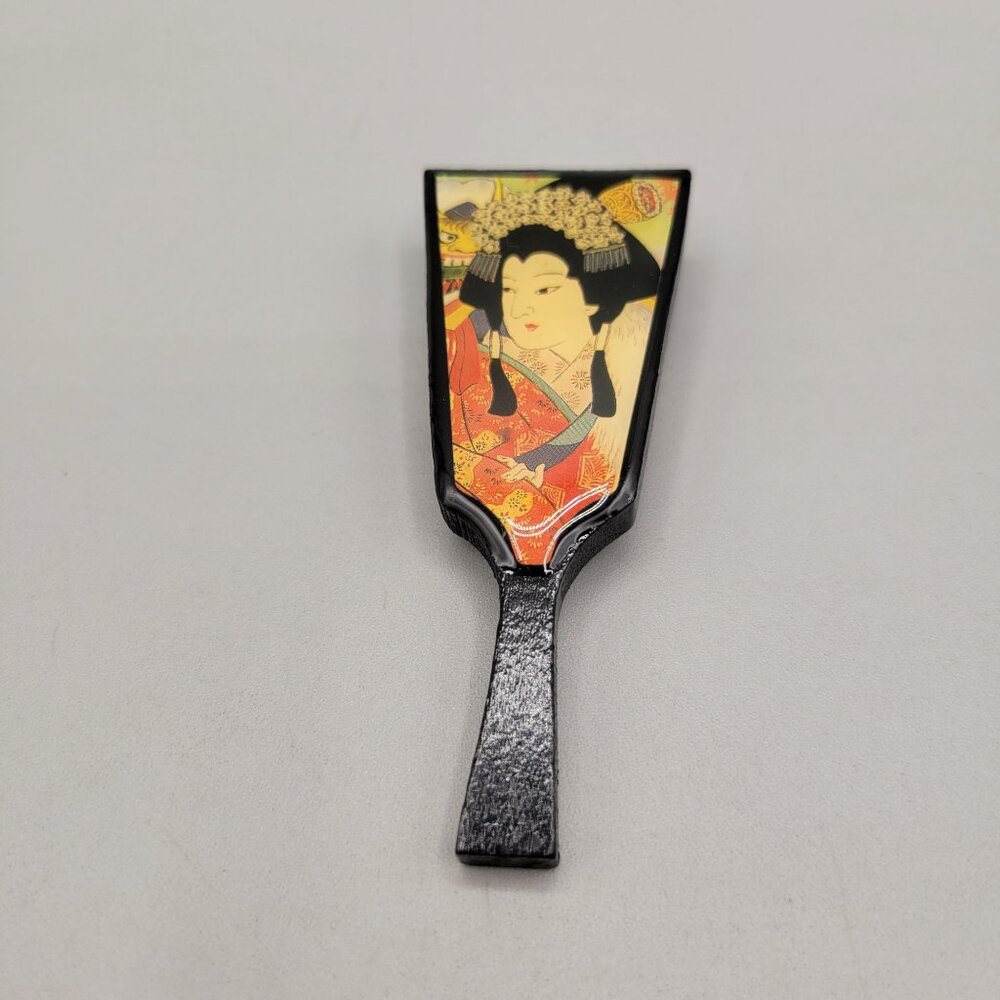 Vintage Wood Japanese Geisha Brooch Paddle Shape